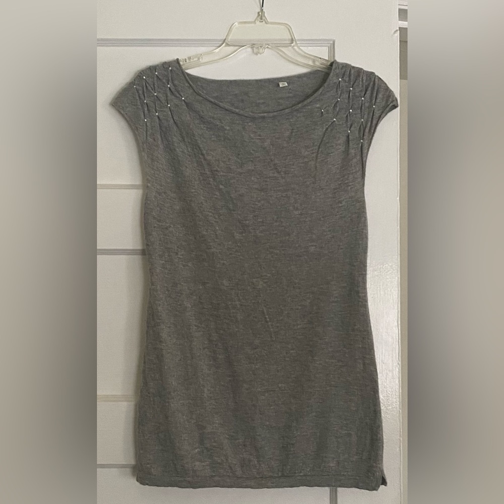 IISLI 100% Cashmere Sweater Top Knit Tunic Short Sleeve Gray Crystal M Medium